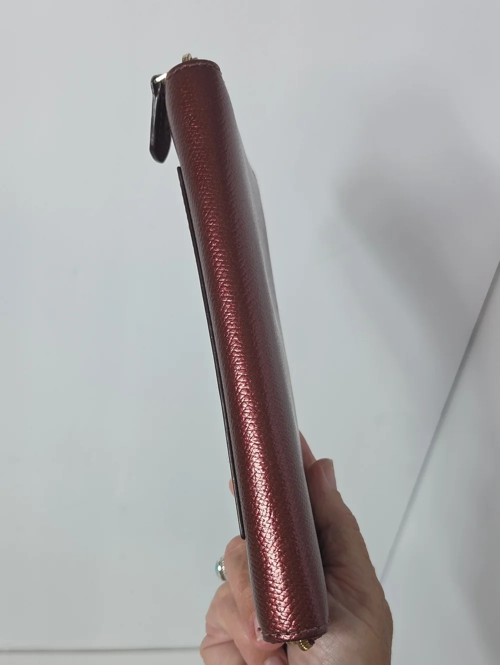 coach f54007 accordian zip around wallet metallic cherry wine front card pocket
